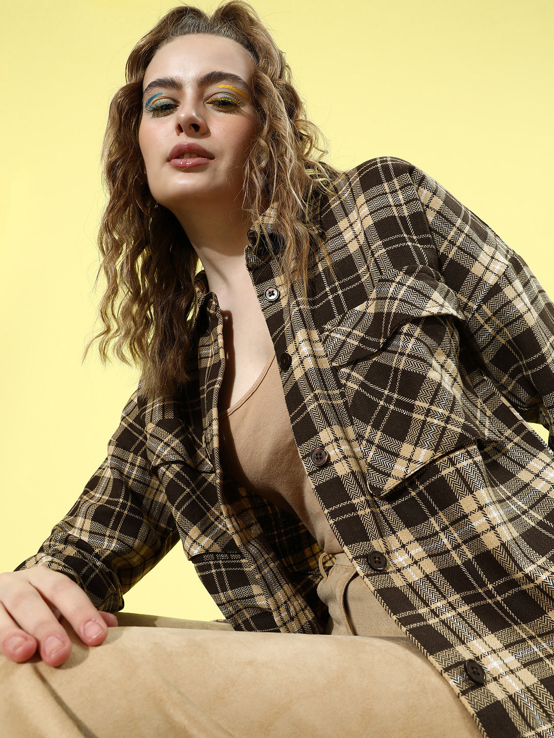 

4WRD by Dressberry Women Tartan Checks Opaque Pure Cotton Casual Shirt, Beige