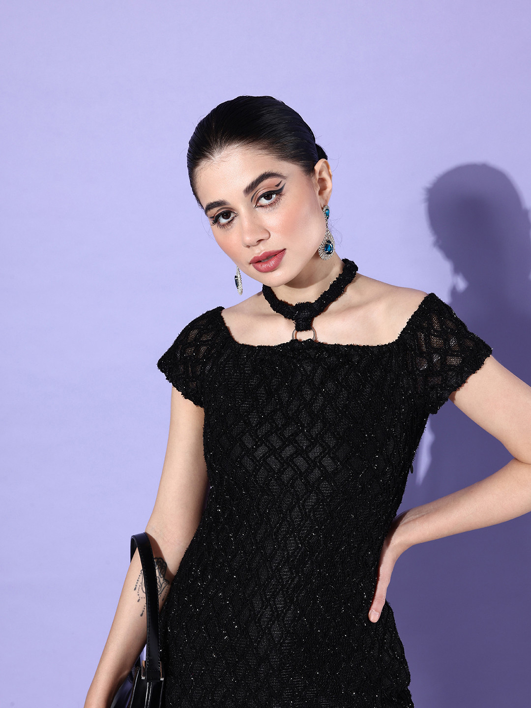 

DressBerry Embellished Halter Neck Net Bodycon Dress, Black