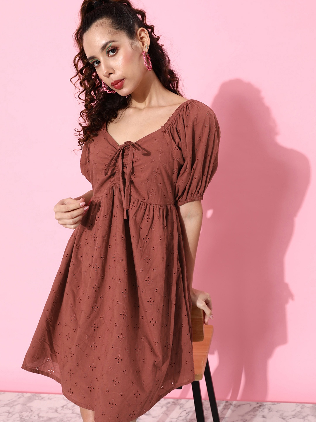 

Dressberry Schiffli Puff Sleeve A-Line Dress, Brown
