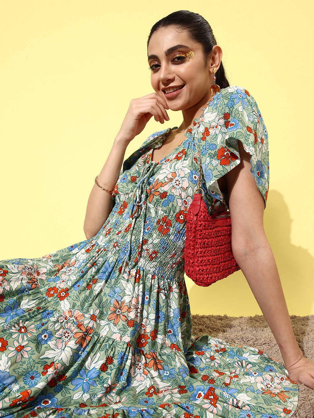 

Dressberry Floral Printed V-Neck Smocked Detail Fit & Flare Tiered Dress, Green