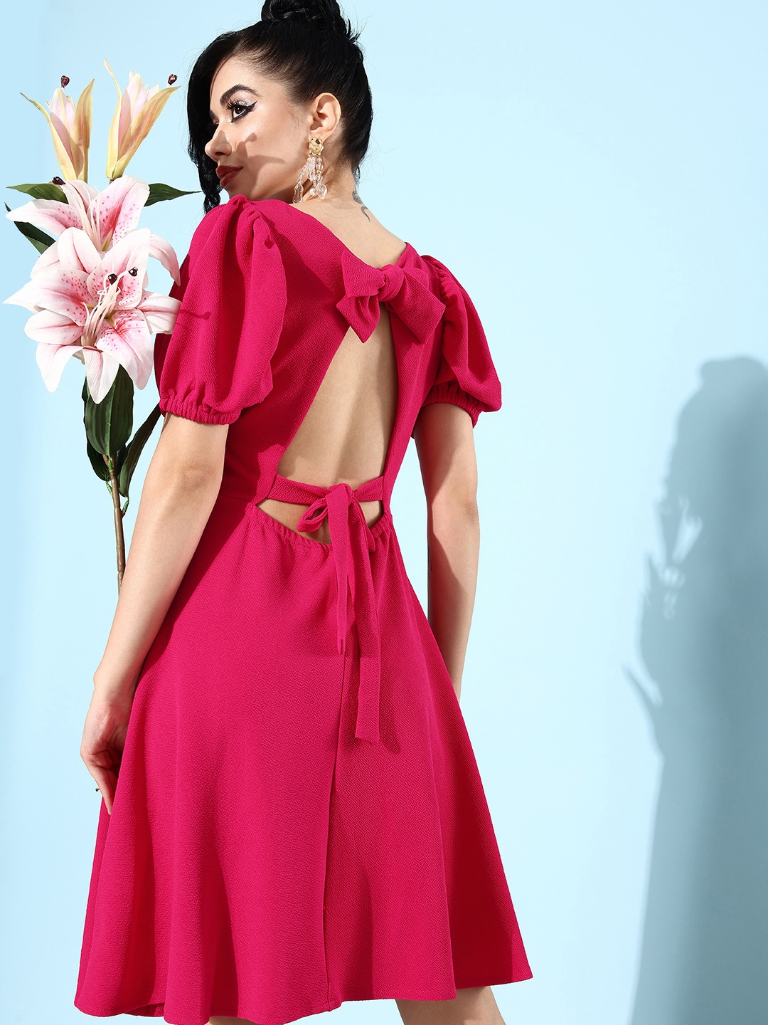 

Dressberry Round Neck Styled Back A-Line Dress, Fuchsia