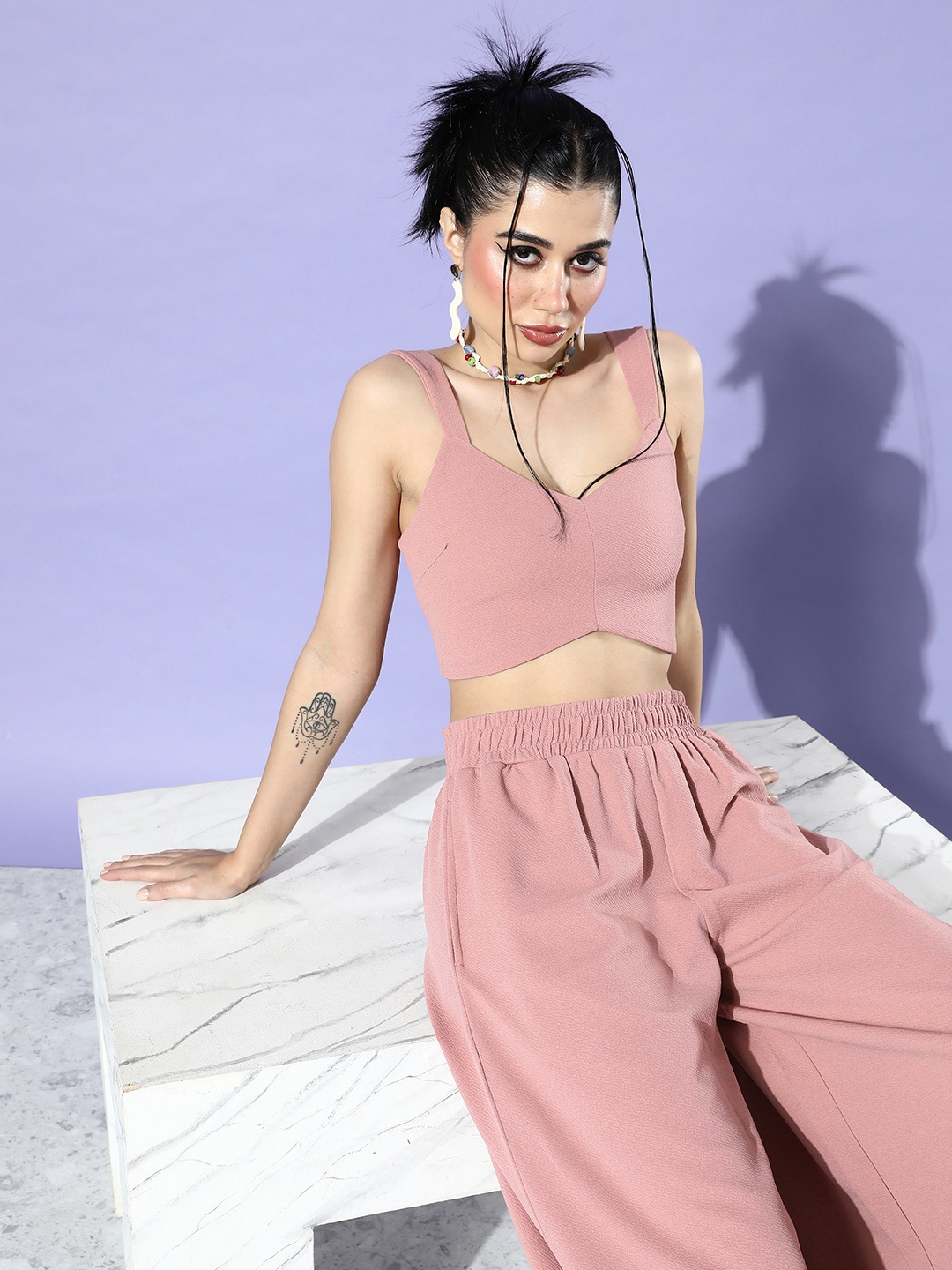 

DressBerry Solid Top & Trousers Co-Ords Set, Pink