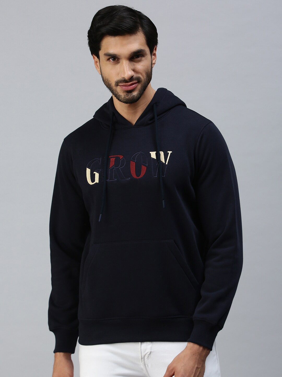 

98 Degree North Men Navy Blue Printed Fleece Hooded Sweatshirt