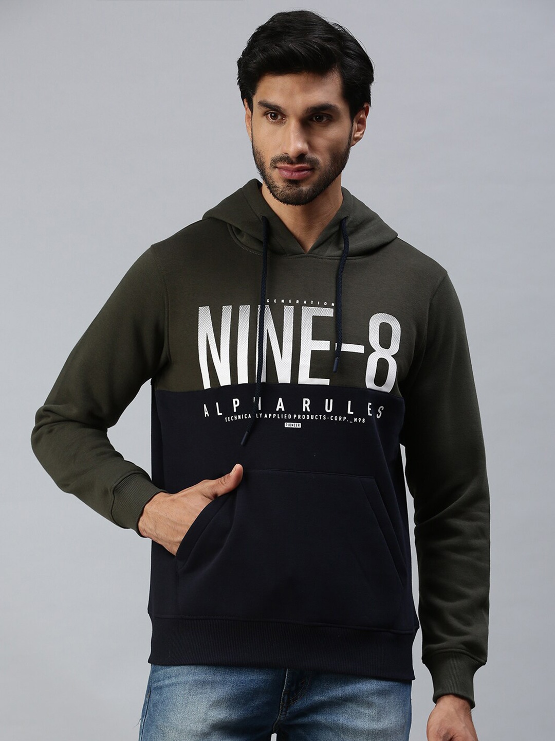 

98 Degree North Men Olive Green Fleece Printed Hooded Sweatshirt