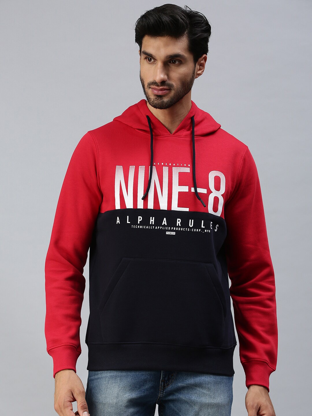

98 Degree North Men Plus Size Red & Black Colourblocked Hooded Sweatshirt