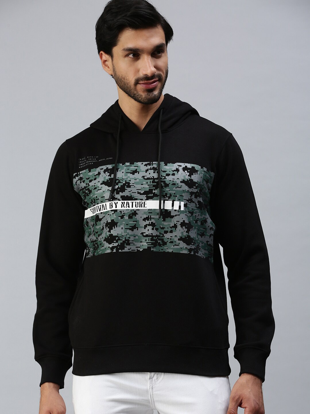 

98 Degree North Men Black Printed Hooded Sweatshirt