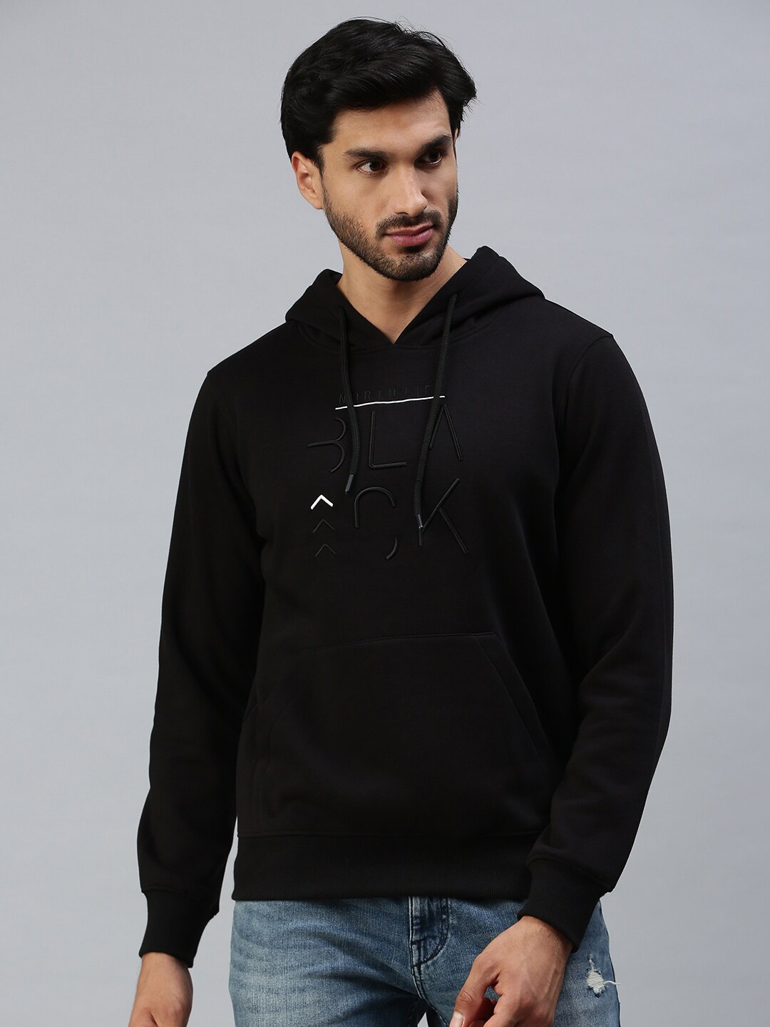 

98 Degree North Men Black Embroidered Fleece Hooded Sweatshirt