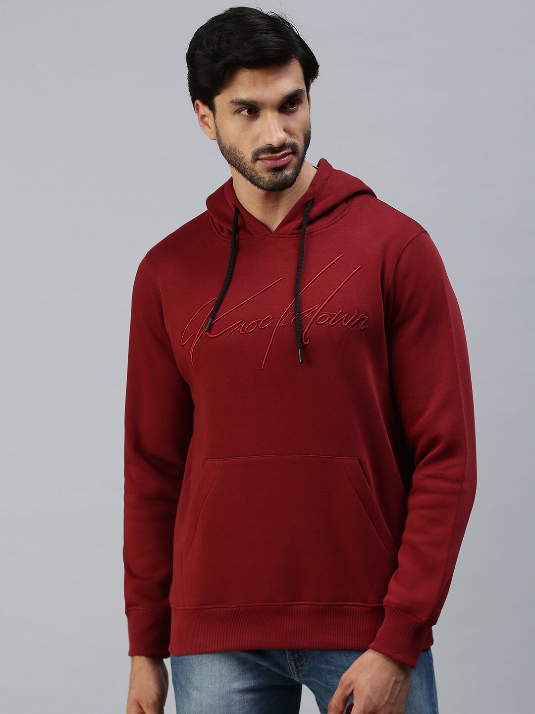 

98 Degree North Men Maroon Embroidered Hooded Fleece Sweatshirt