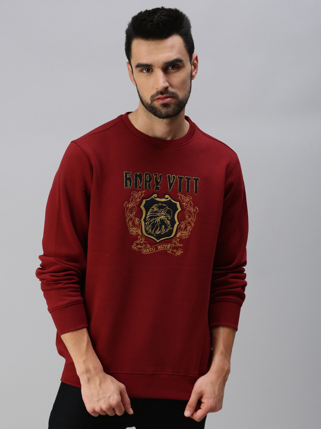 

98 Degree North Men Plus Size Maroon Embroidered Sweatshirt