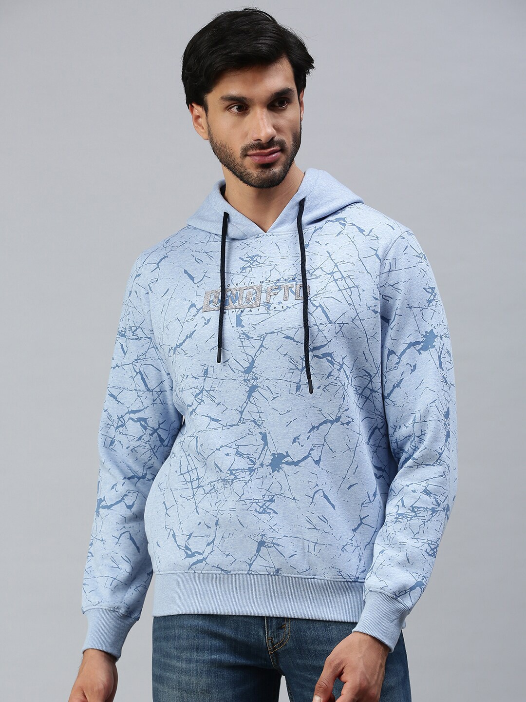 

98 Degree North Men Blue Printed Fleece Hooded Sweatshirt