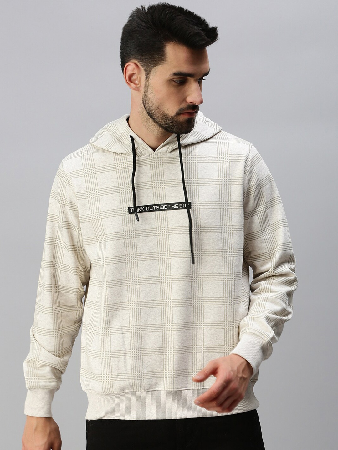 

98 Degree North Men Off White Checked Hooded Sweatshirt