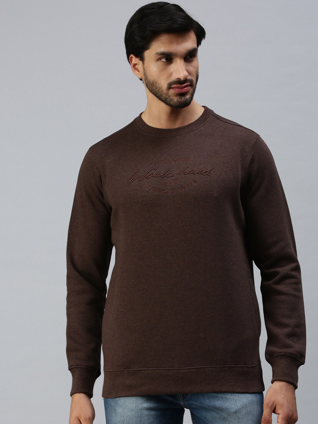 

98 Degree North Men Coffee Brown Embroidered Sweatshirt