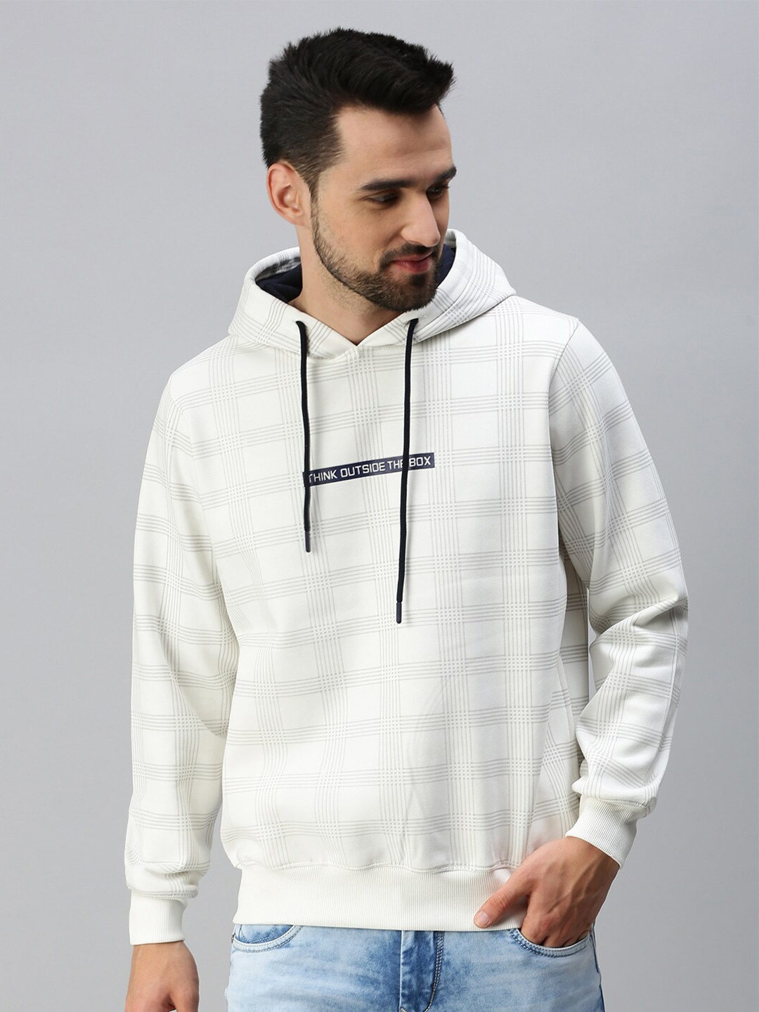 

98 Degree North Men Off White Checked Hooded Sweatshirt