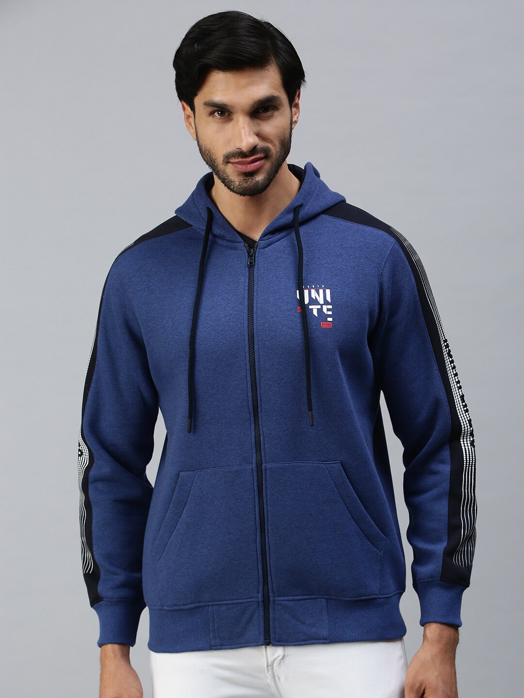 

98 Degree North Men Navy Blue Solid Front Open Hooded Fleece Sweatshirt
