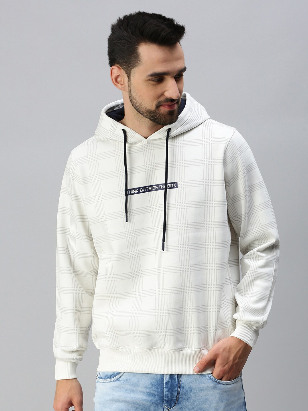 

98 Degree North Men Plus Size Off White Checked Hooded Sweatshirt