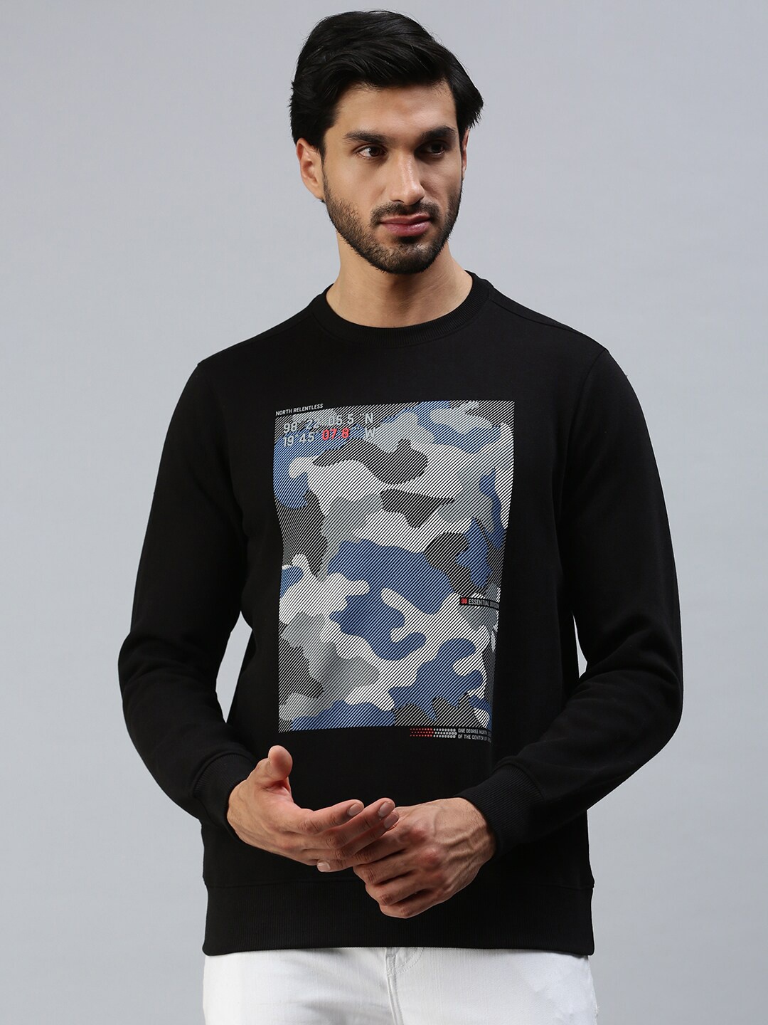 

98 Degree North Men Black Camouflage Printed Sweatshirt