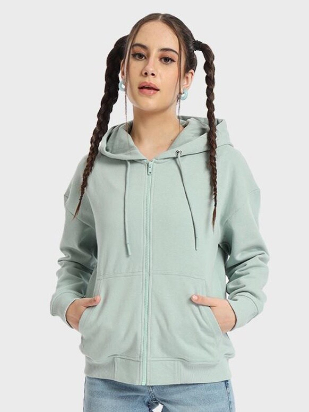 Bewakoof Women Grey Solid Hooded Front-Open Sweatshirt