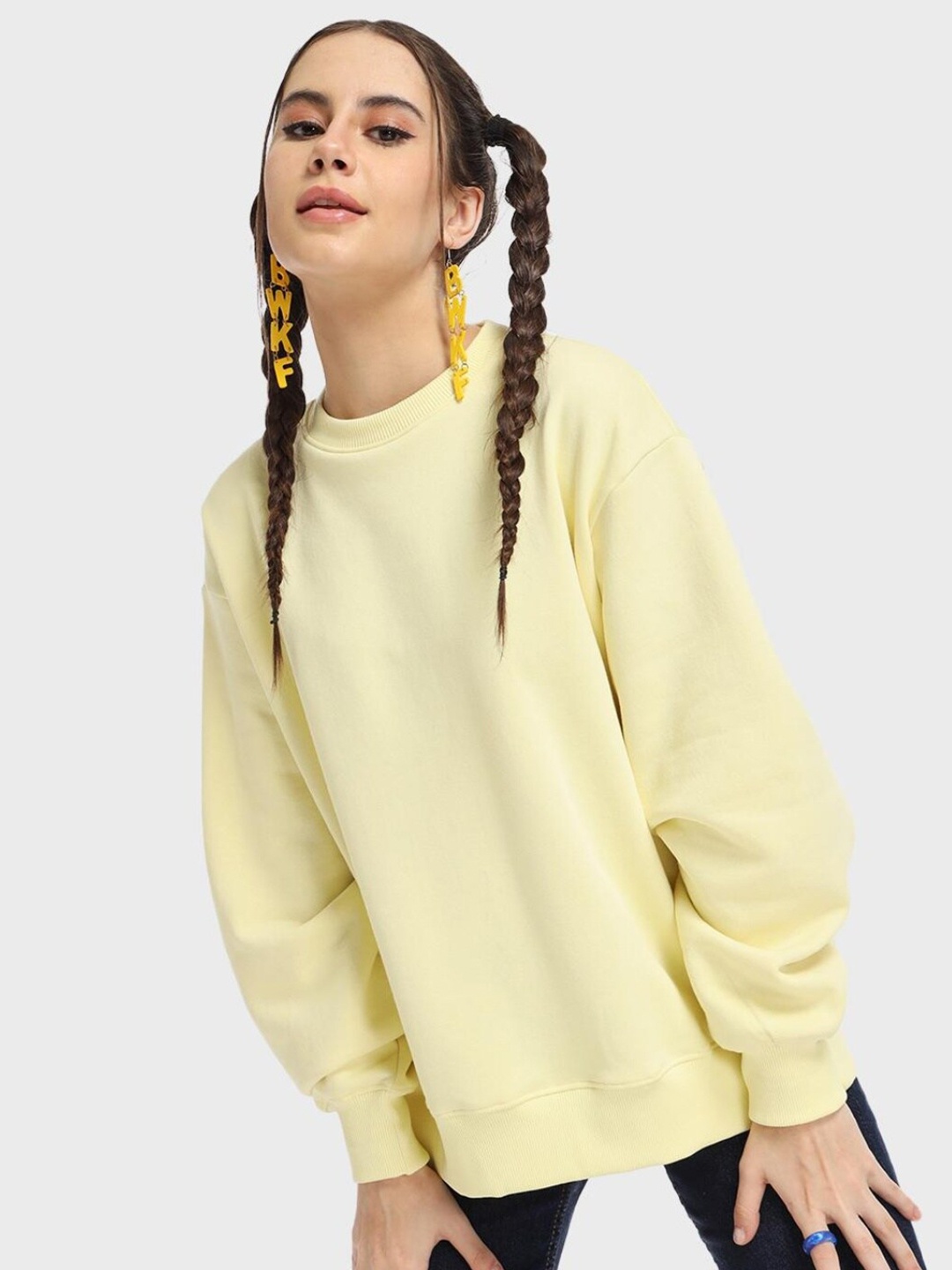 

Bewakoof Women Yellow Loose Sweatshirt