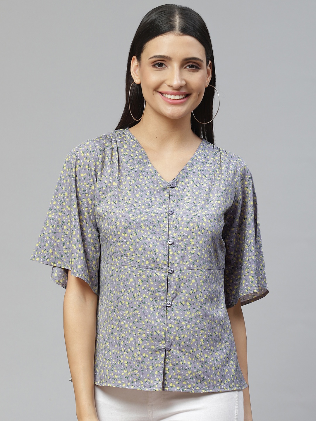 

Ives Women Grey Floral Print Crepe Top