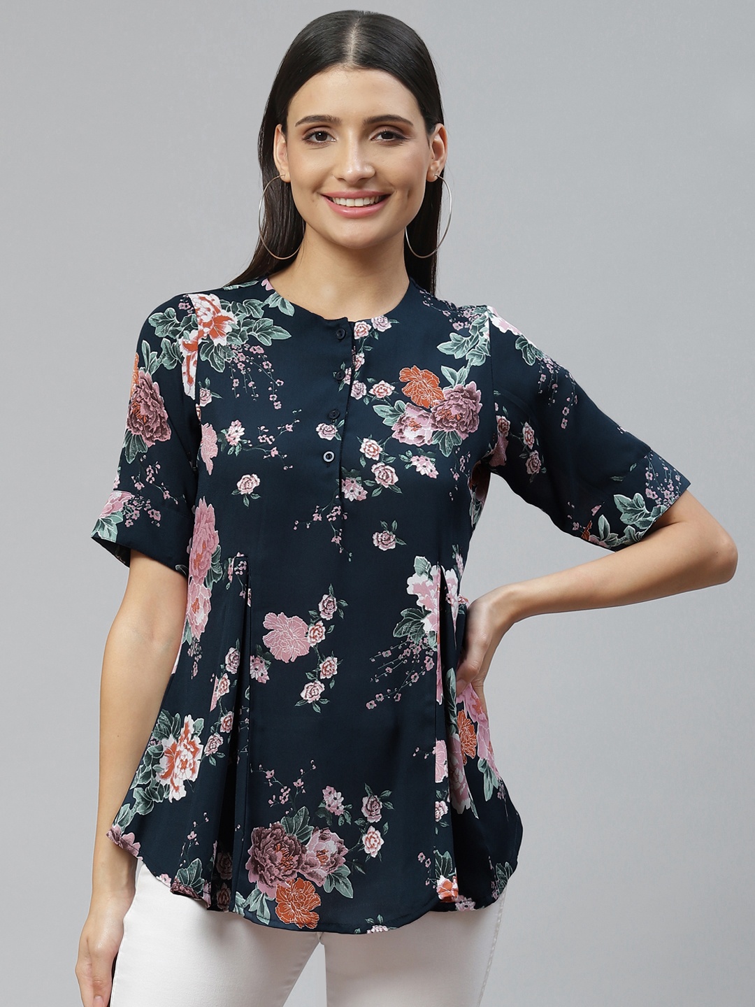 

Ives Navy Blue Floral Print Crepe Longline Top