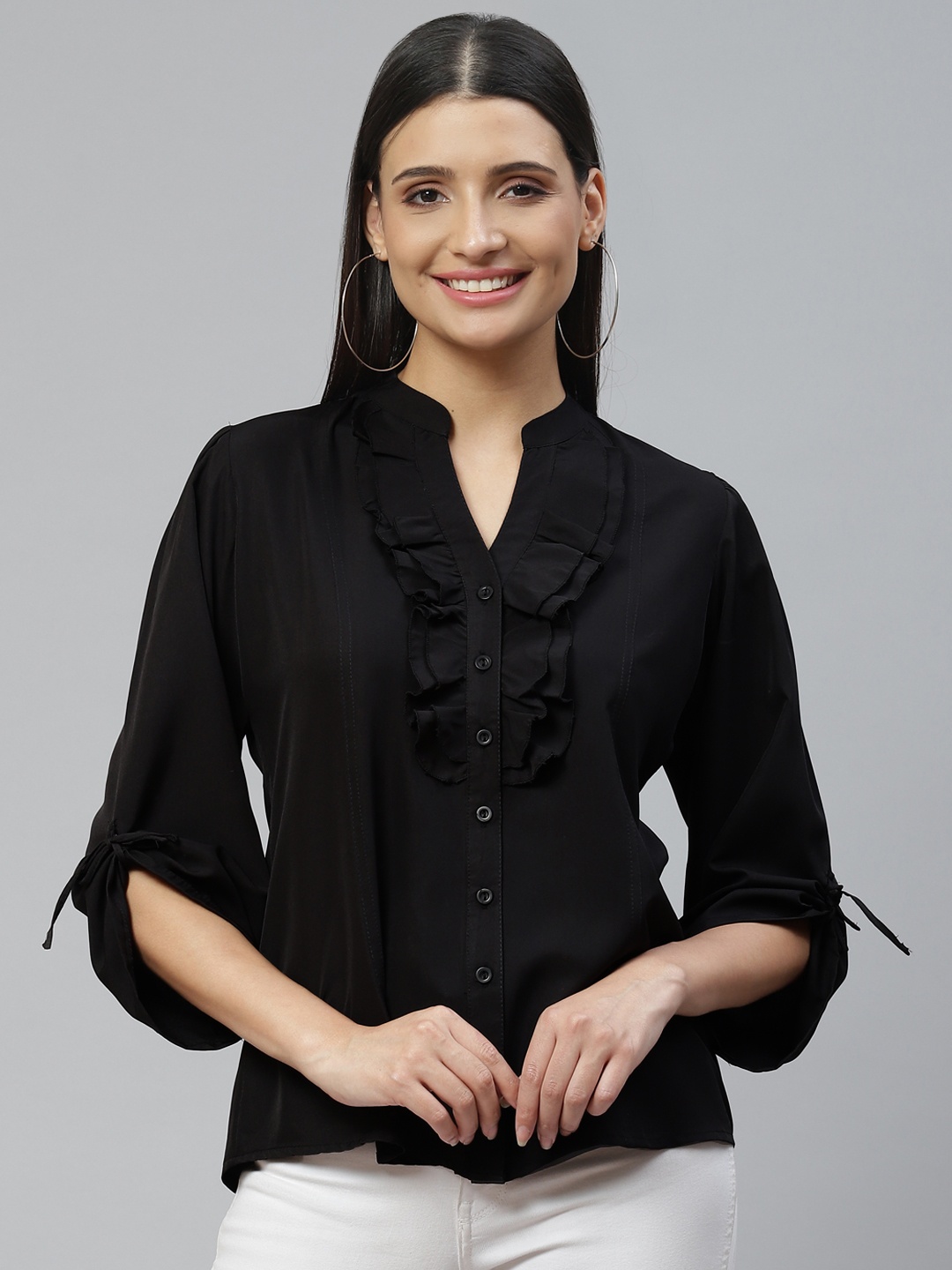 

Ives Black Mandarin Collar Ruffles Crepe Top