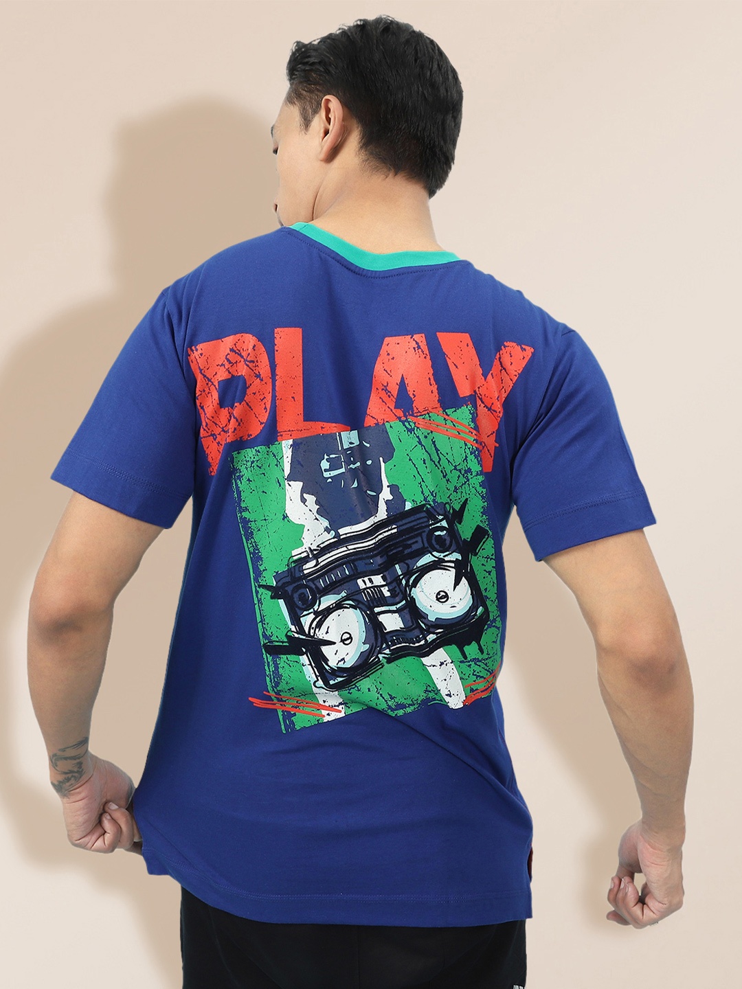 

KRA Men Blue Printed Pure Cotton Loose T-shirt