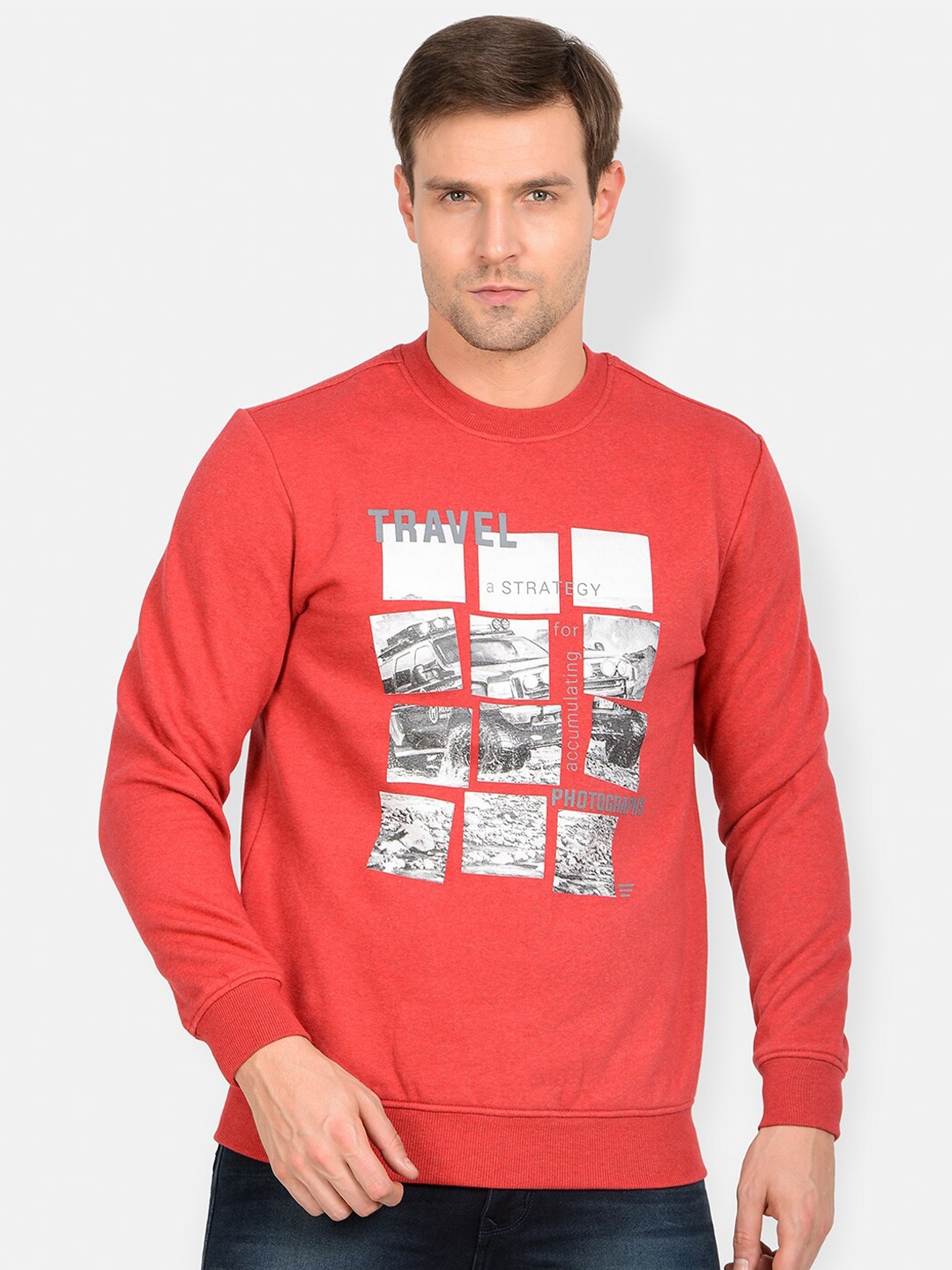 

t-base Men Plus Size Red & Grey Printed Cotton Sweatshirt