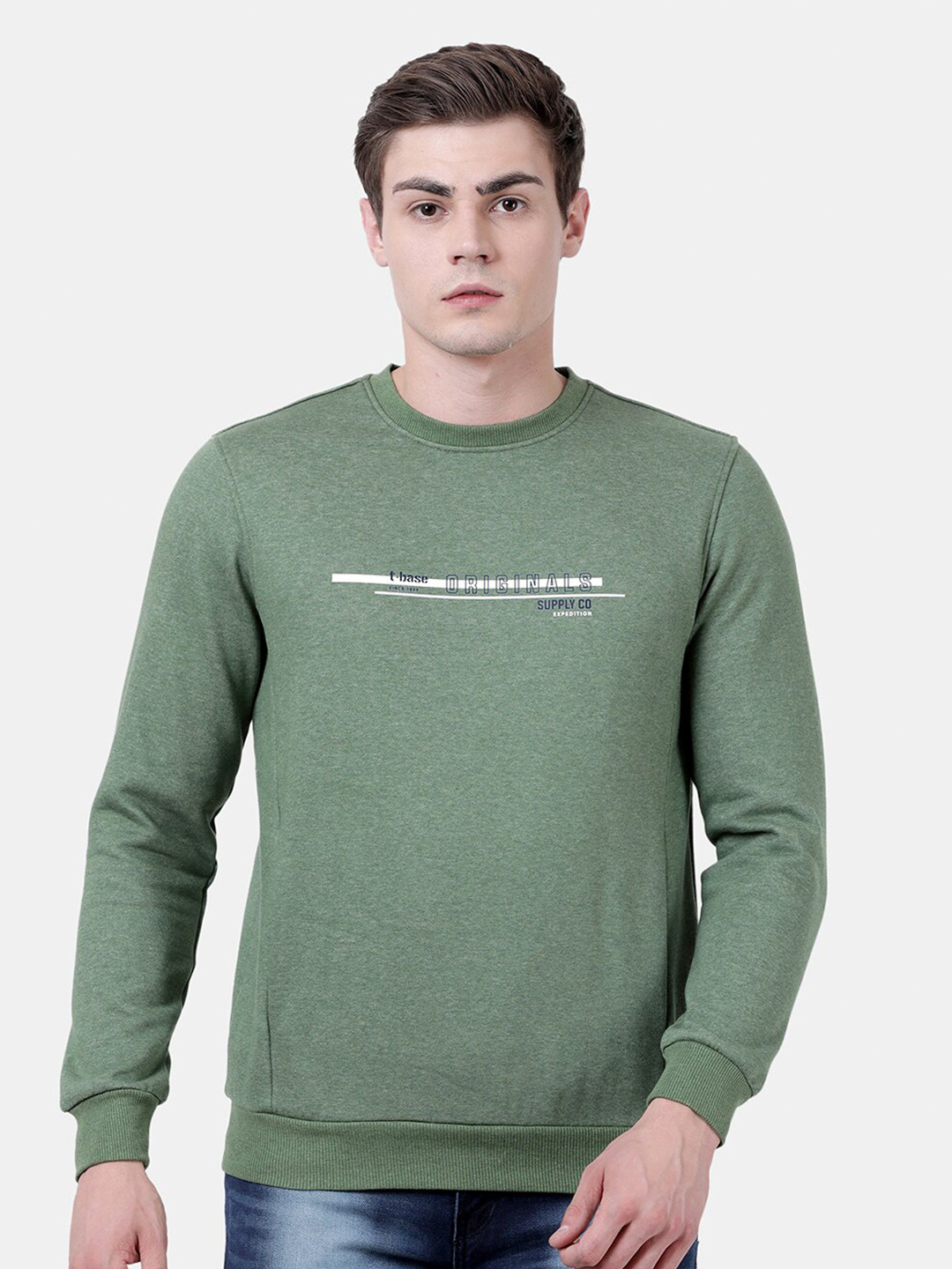 

t-base Men Green Printed Cotton Sweatshirt