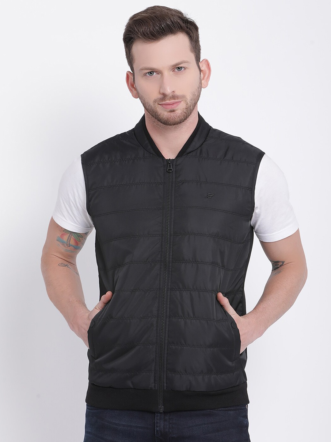 

t-base Men Black Solid Cotton Padded Jacket