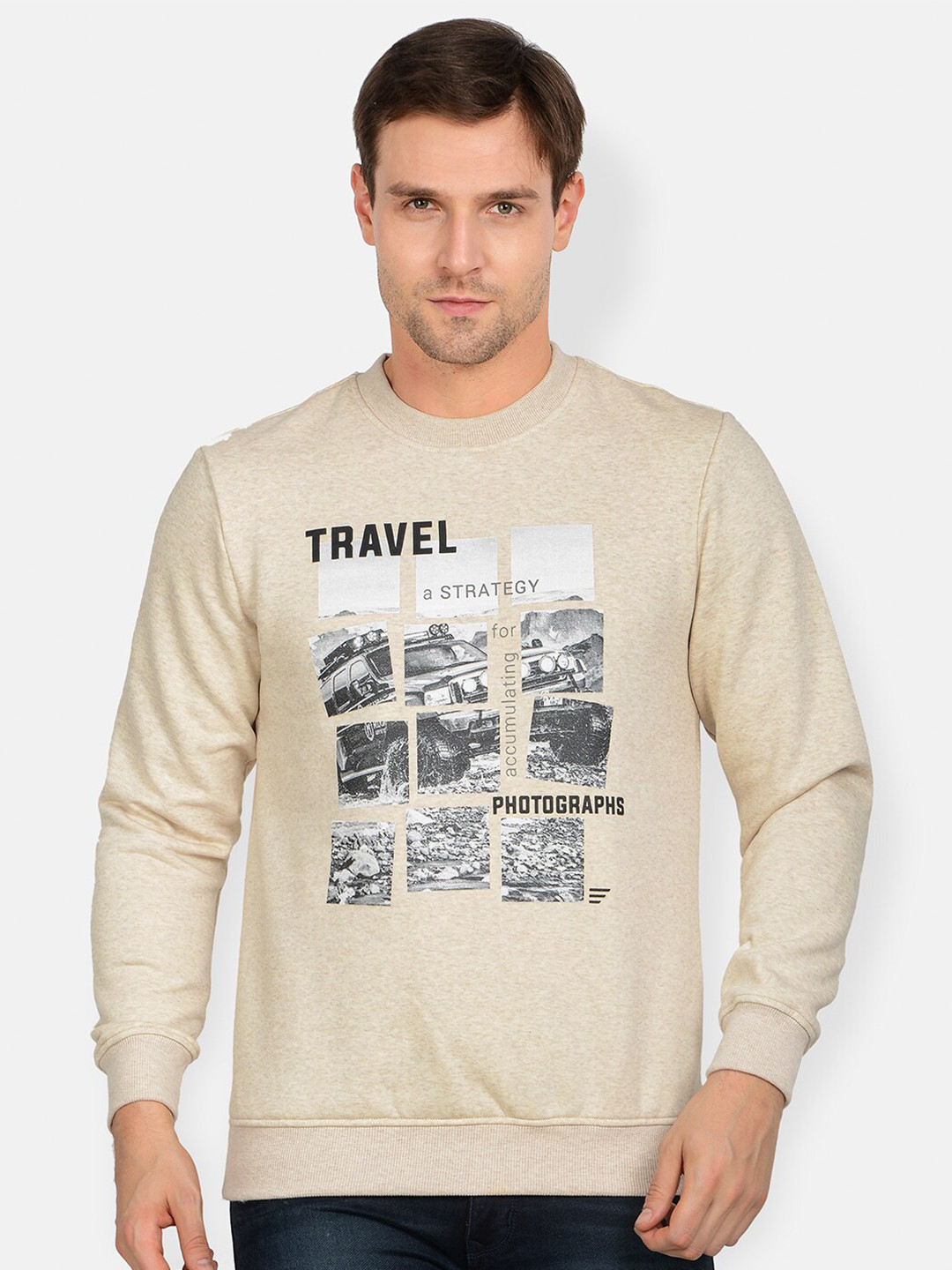 

t-base Men Plus Size Cream-Coloured Printed Cotton Sweatshirt