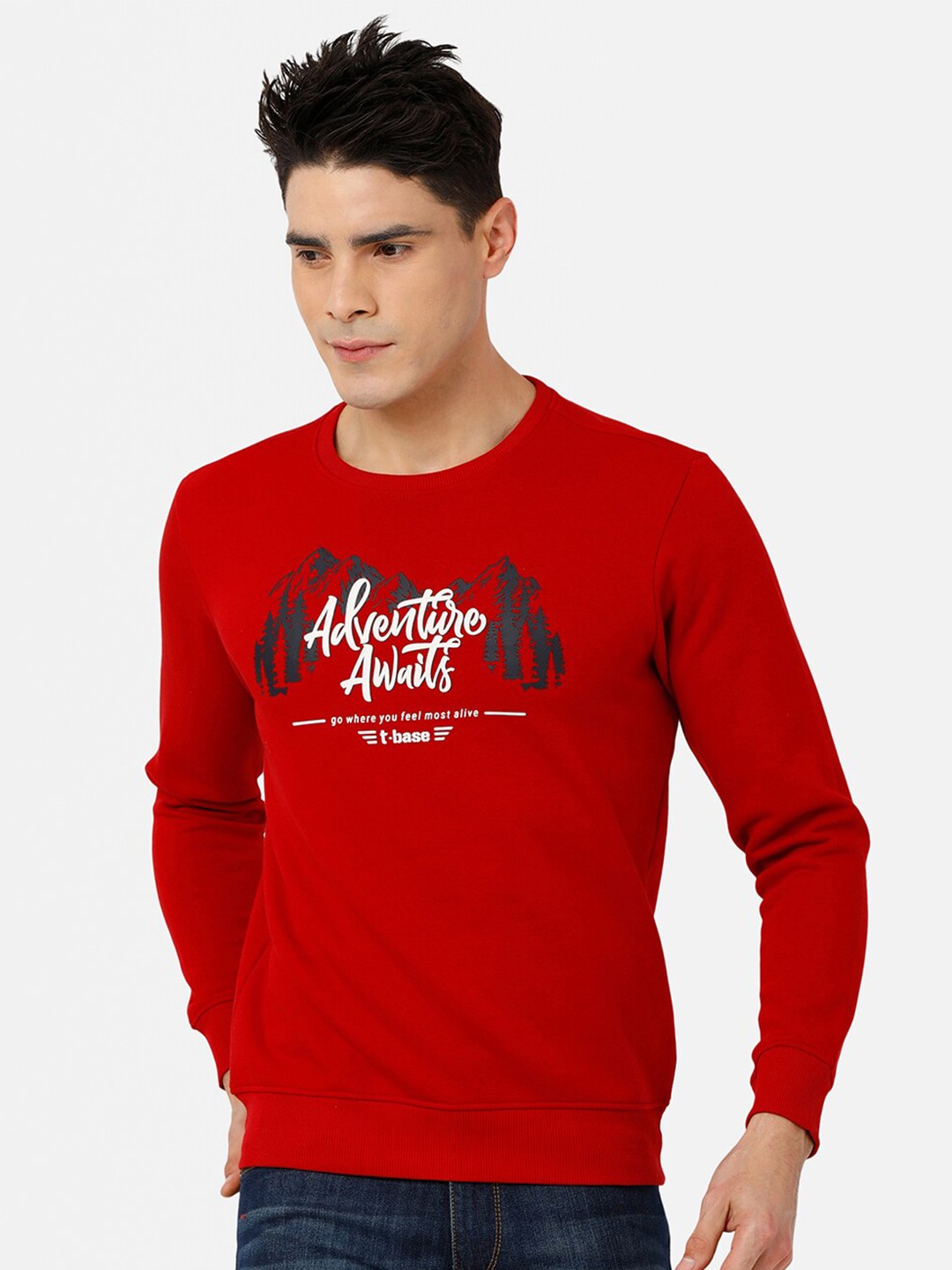 

t-base Men Red Printed Cotton Sweatshirt