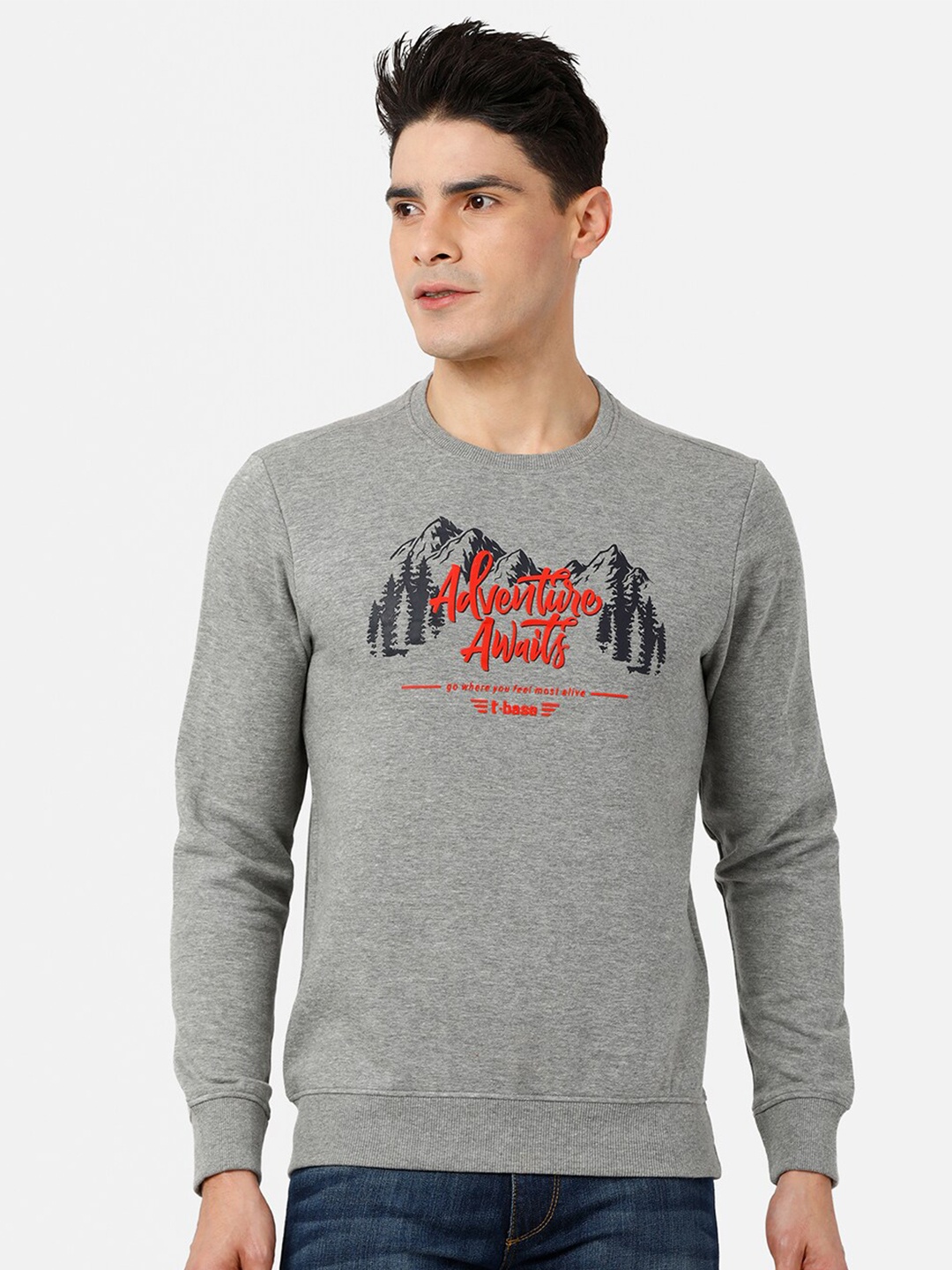 

t-base Men Grey Melange Printed Cotton Sweatshirt