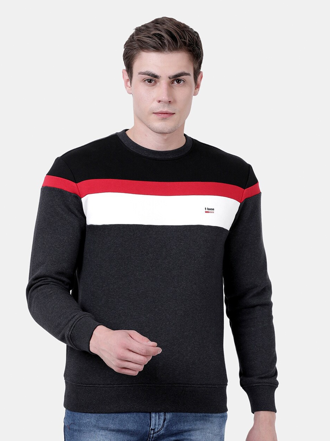 

t-base Men Black & White Colourblocked Sweatshirt