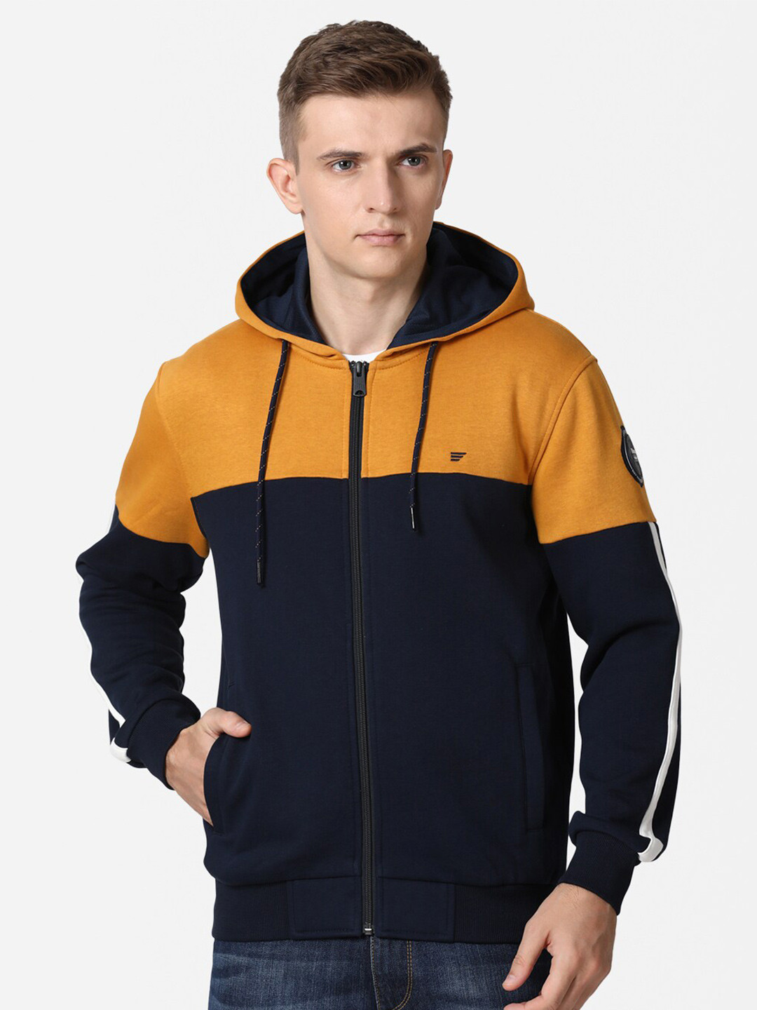 

t-base Men Yellow & Black Colourblocked Hooded Cotton Sweatshirt