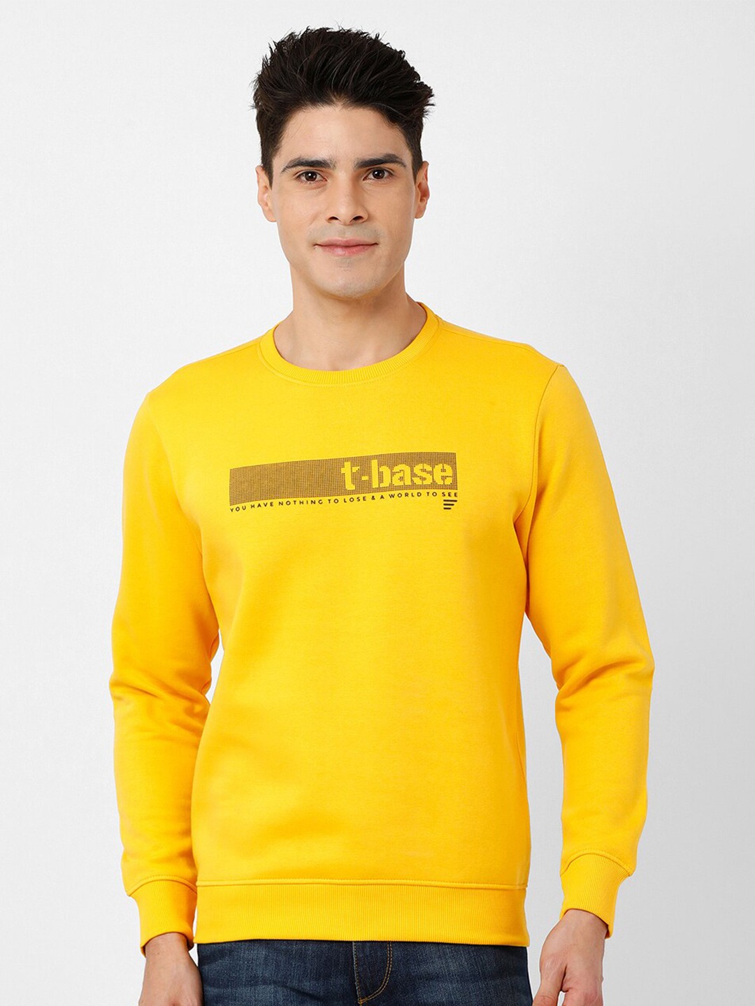 

t-base Men Yellow Printed Cotton Sweatshirt