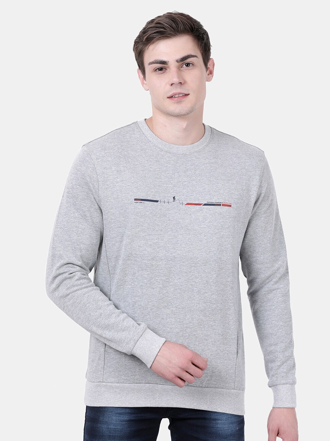 

t-base Men Grey Melange Printed Cotton Sweatshirt