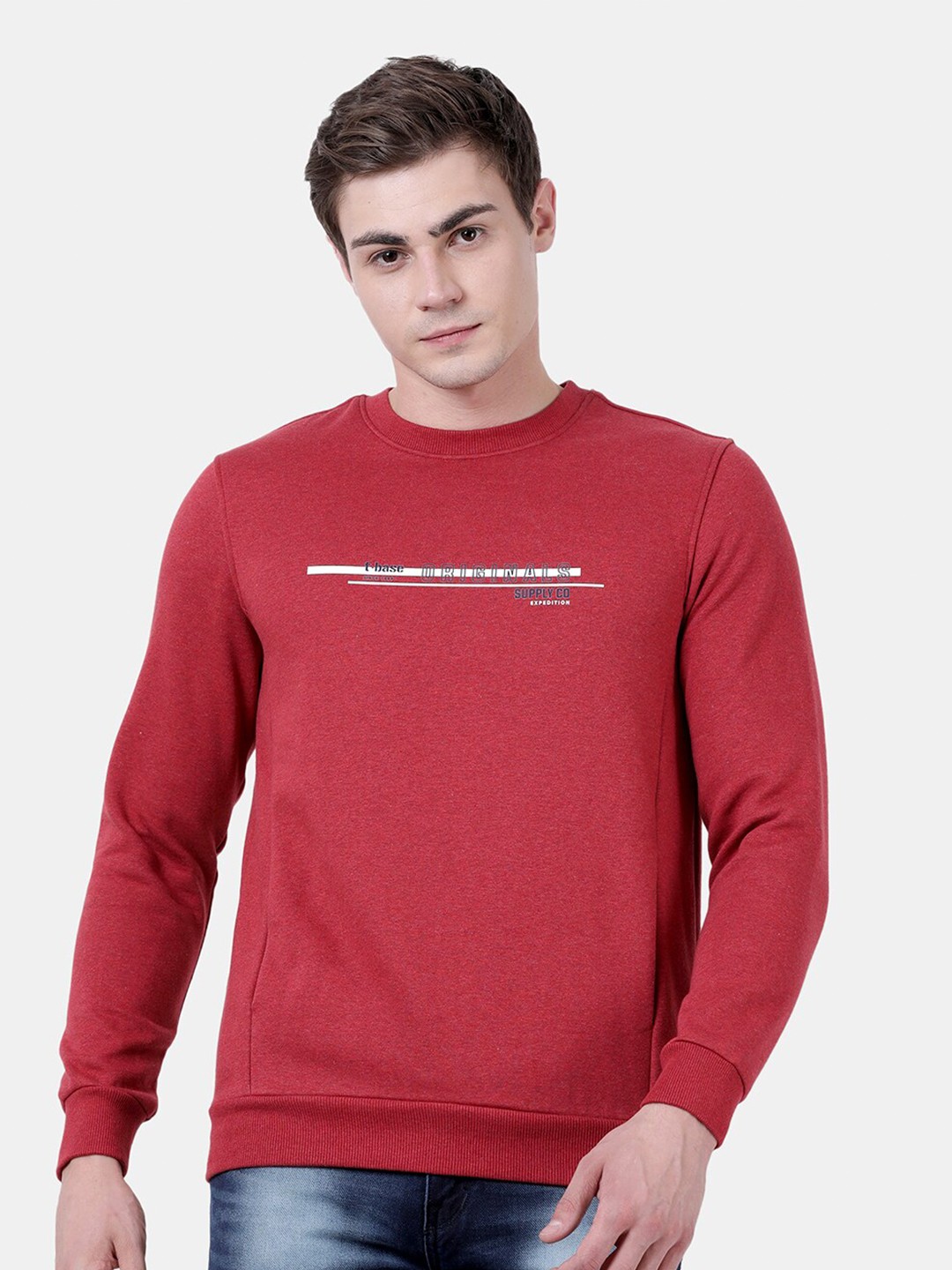 

t-base Men Plus Size Red Printed Fleece Sweatshirt