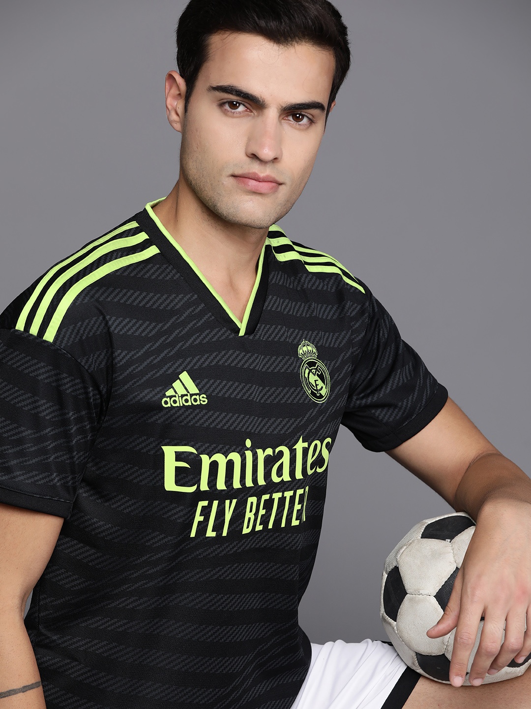 

ADIDAS Real Madrid 22/23 Third Jersey Typography Printed V-Neck T-shirt, Black