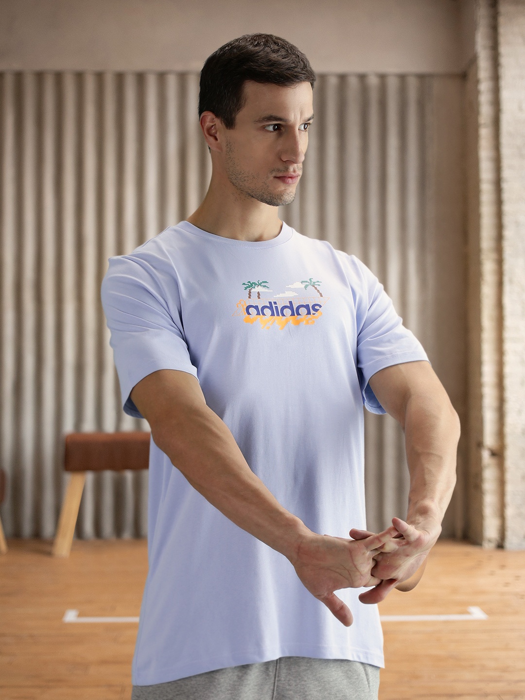 

ADIDAS Men LIN G Brand Logo Printed Pure Cotton T-shirt, Blue