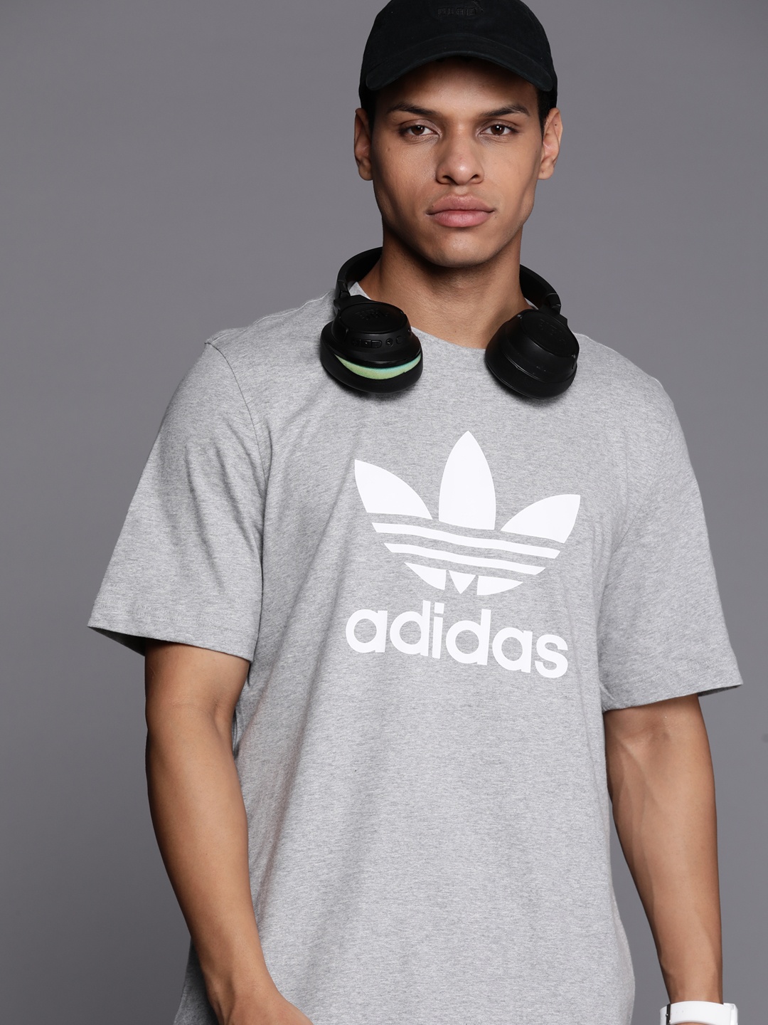 

ADIDAS Originals Brand Logo Printed Trefoil Pure Cotton T-shirt, Grey melange