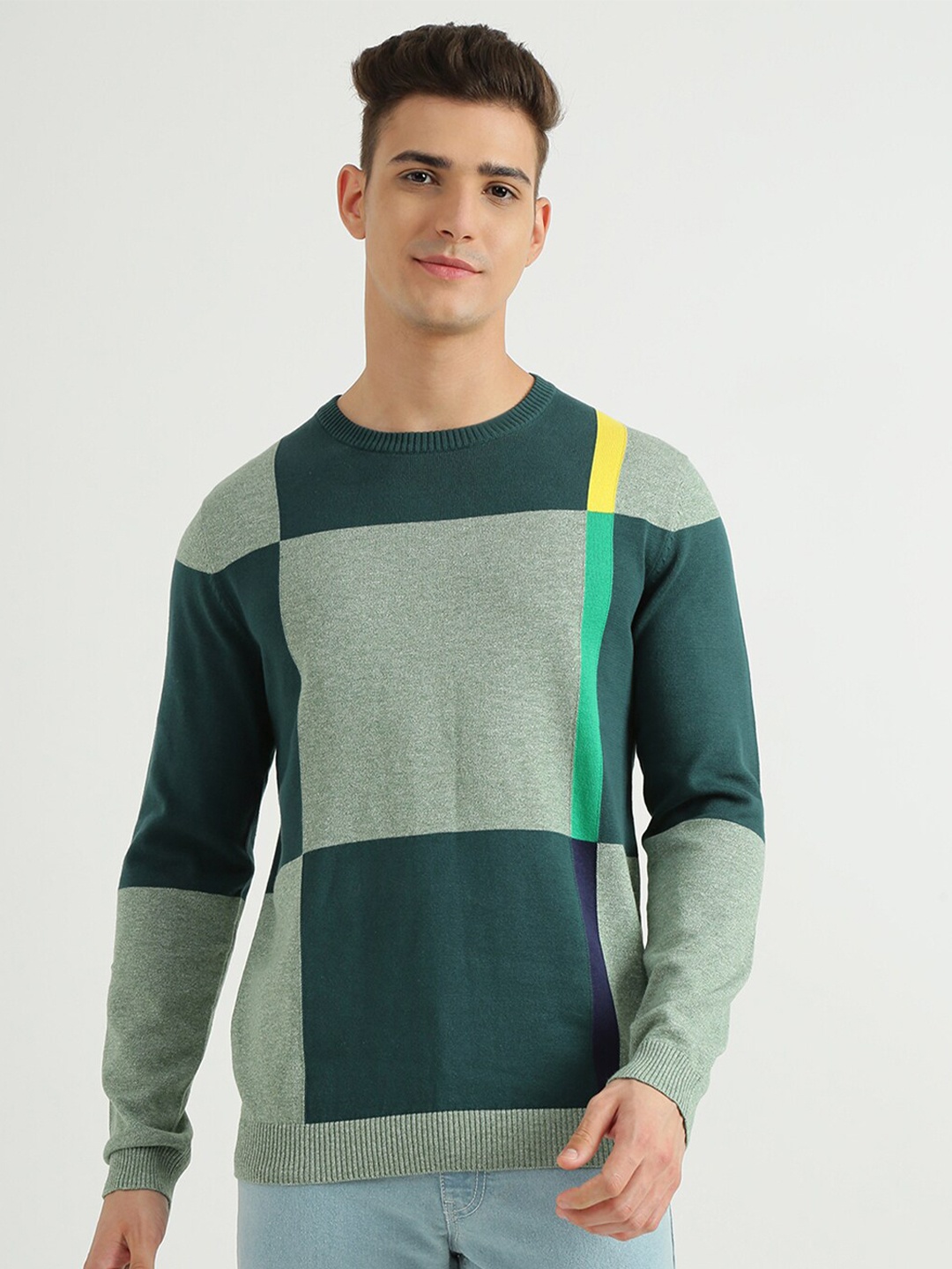 

United Colors of Benetton Men Green & Yellow Checked Checked Pullover