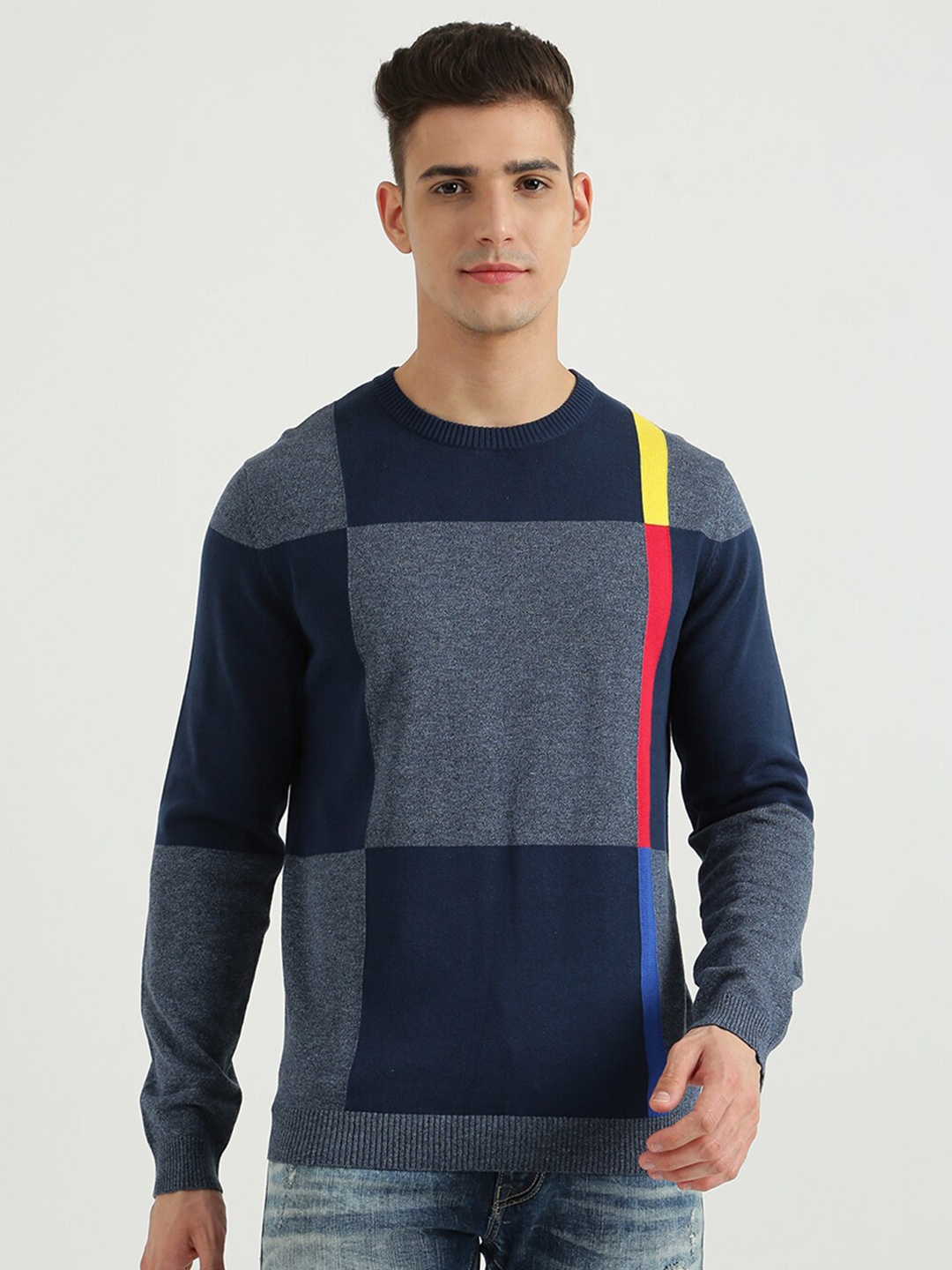 

United Colors of Benetton Men Grey & Yellow Colourblocked Colourblocked Pullover