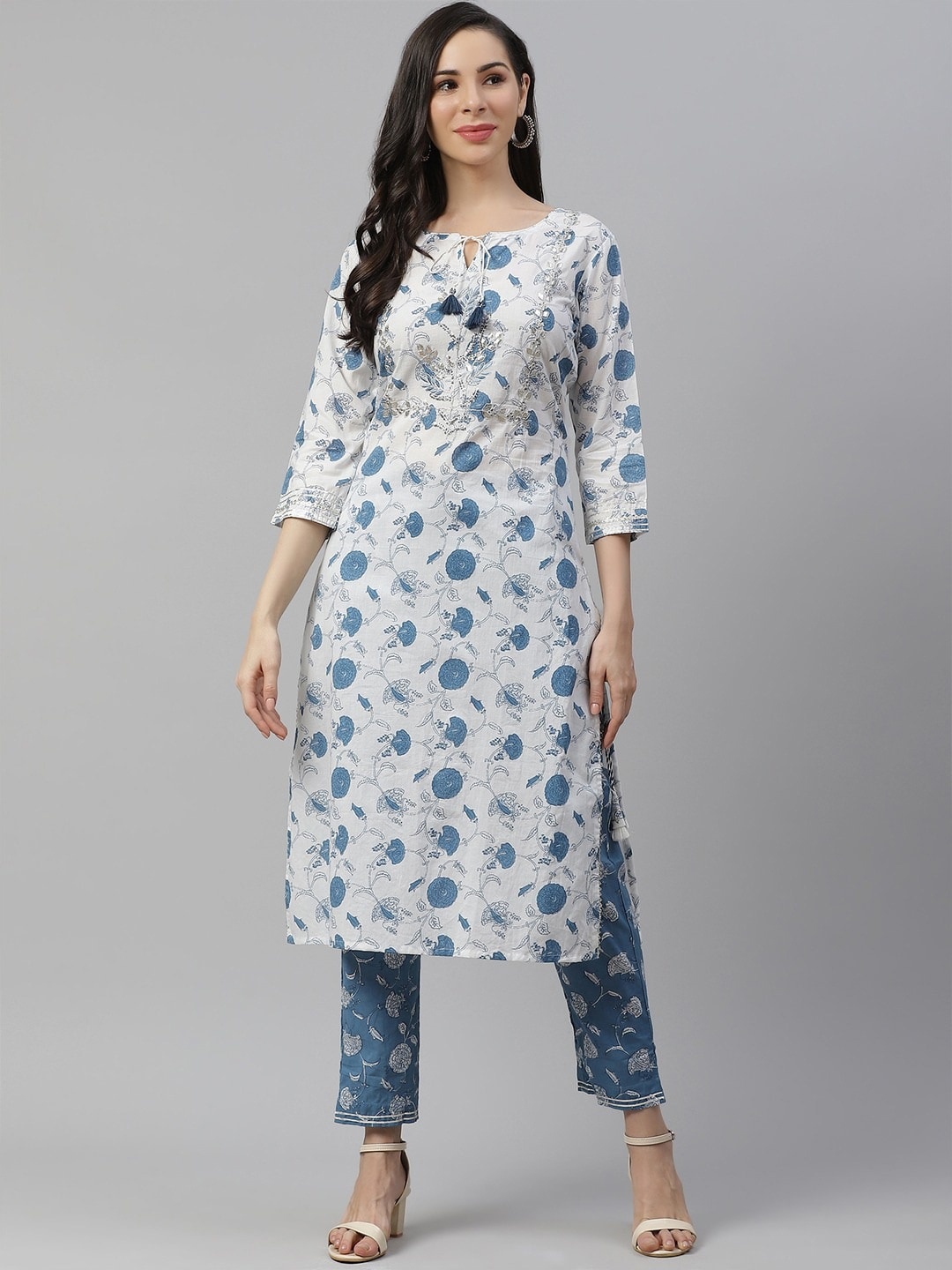 

Divena Women White Floral Printed Pure Cotton Kurta with Trousers