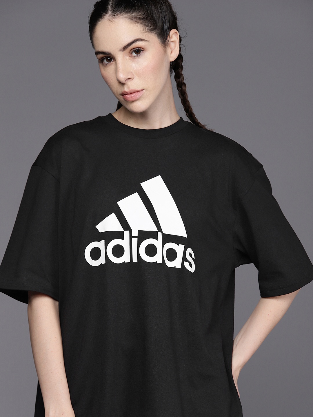 

ADIDAS W BL BF TEE Brand Logo Printed Drop-Shoulder Sleeves Pure Cotton Oversized T-shirt, Black