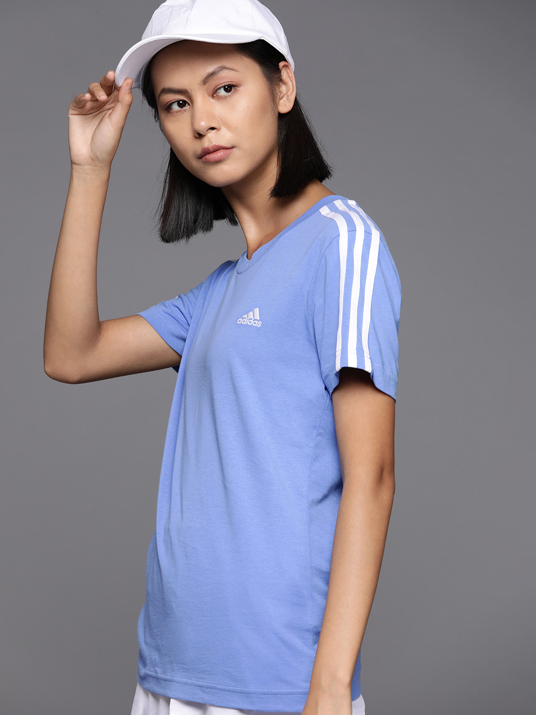 

ADIDAS Women Pure Cotton 3-Striped Detail Slim Fit T-shirt, Blue