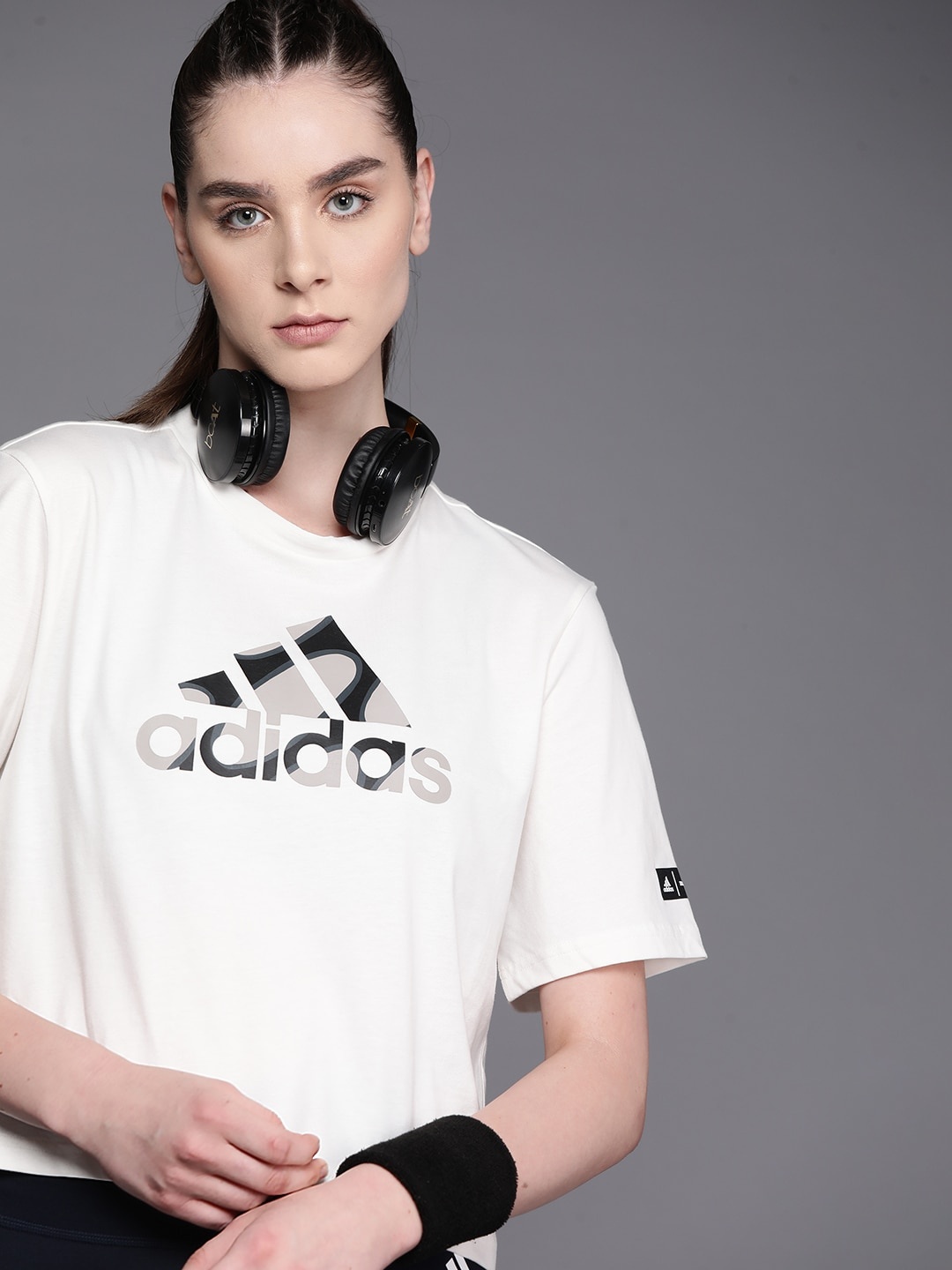

ADIDAS Women Brand Logo Printed Pure Cotton T-shirt, Cream