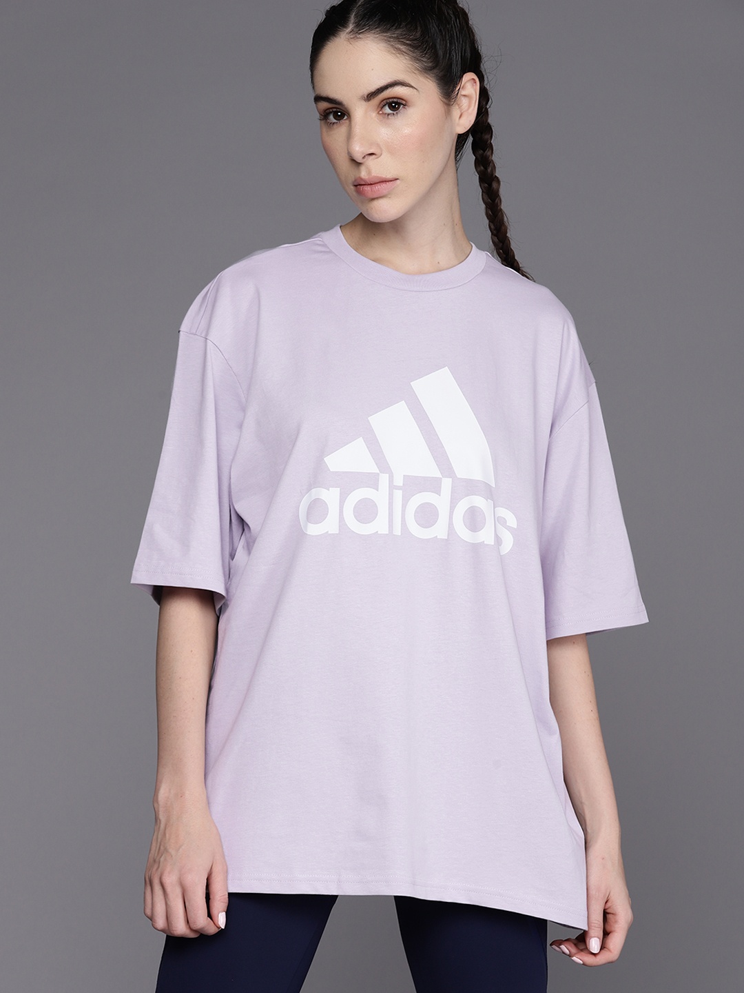 

ADIDAS W BL BF TEE Logo Printed Drop-Shoulder Sleeves Pure Cotton Oversized T-shirt, Lavender