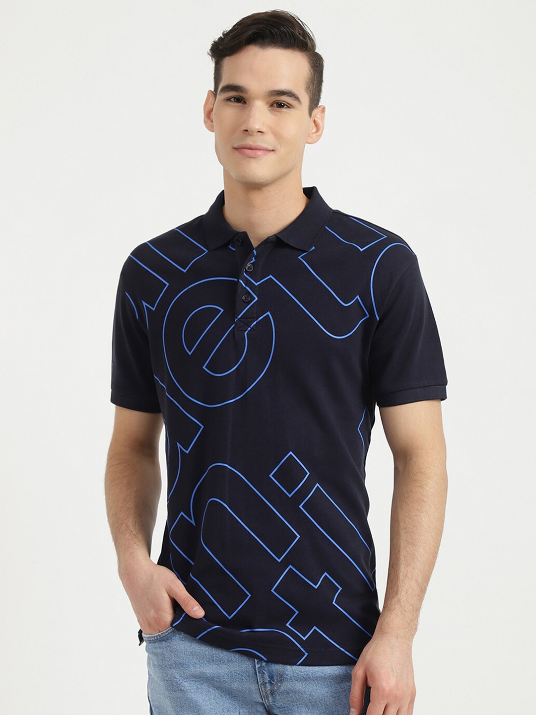 

United Colors of Benetton Men Navy Blue Printed Short Sleeves Polo Collar T-shirt