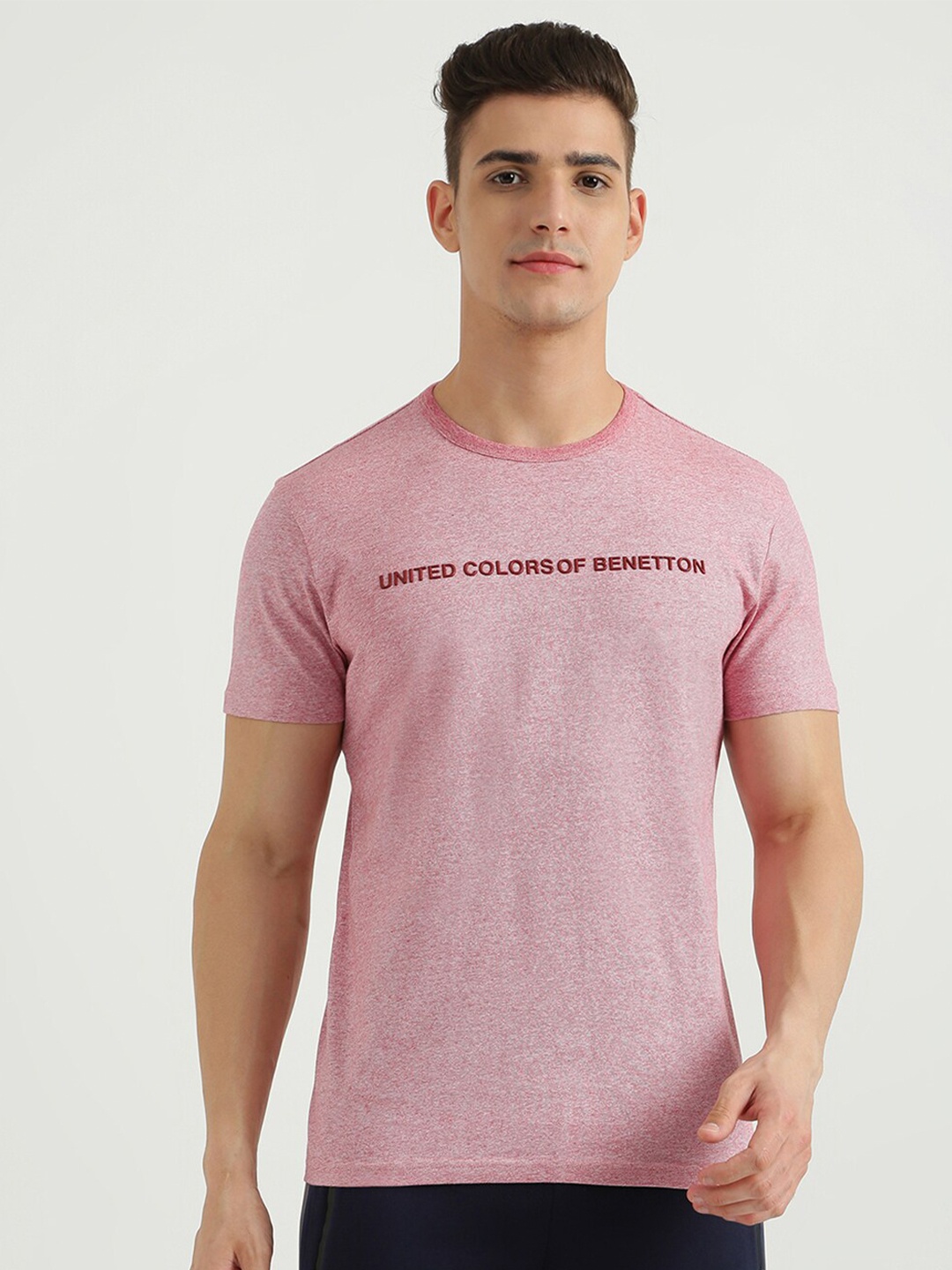 

United Colors of Benetton Men Pink Typography Raw Edge T-shirt