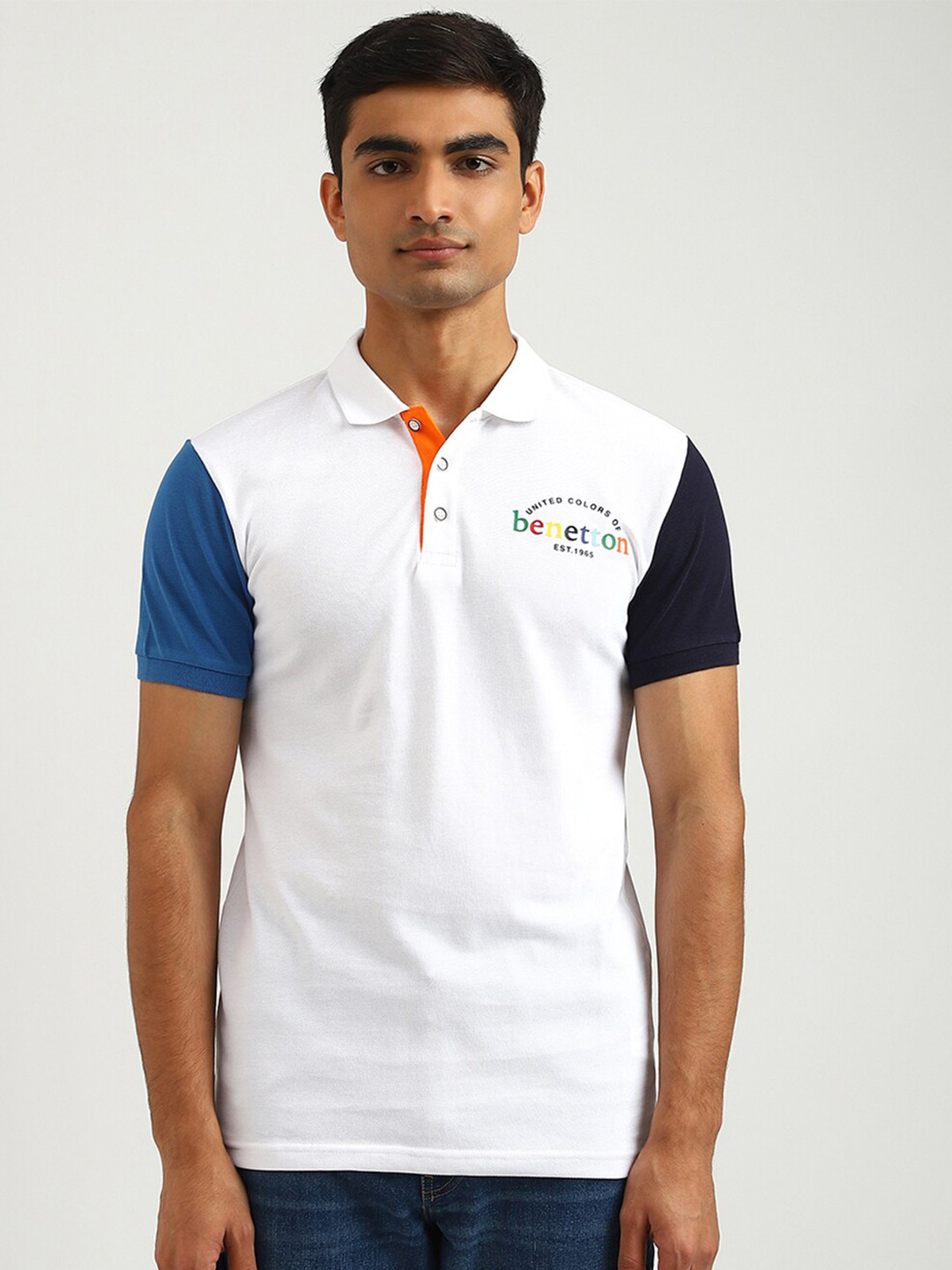

United Colors of Benetton Men White & Blue Polo Collar Cotton T-shirt